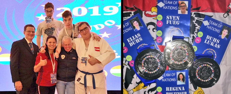 Großartiger Erfolg von Judo-Europameister Sven Füg (rechts) und den Vize-Europameistern Lukas und Elias Duhs mit ihrer Trainerin Regina Holzinger.